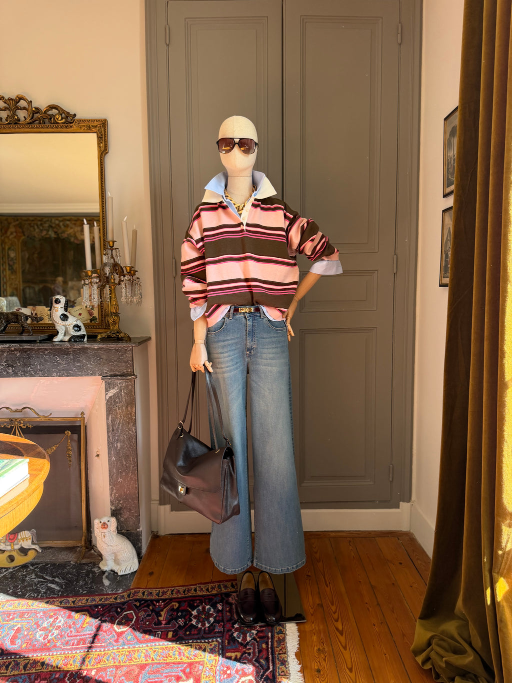 Pink striped knit polo shirt