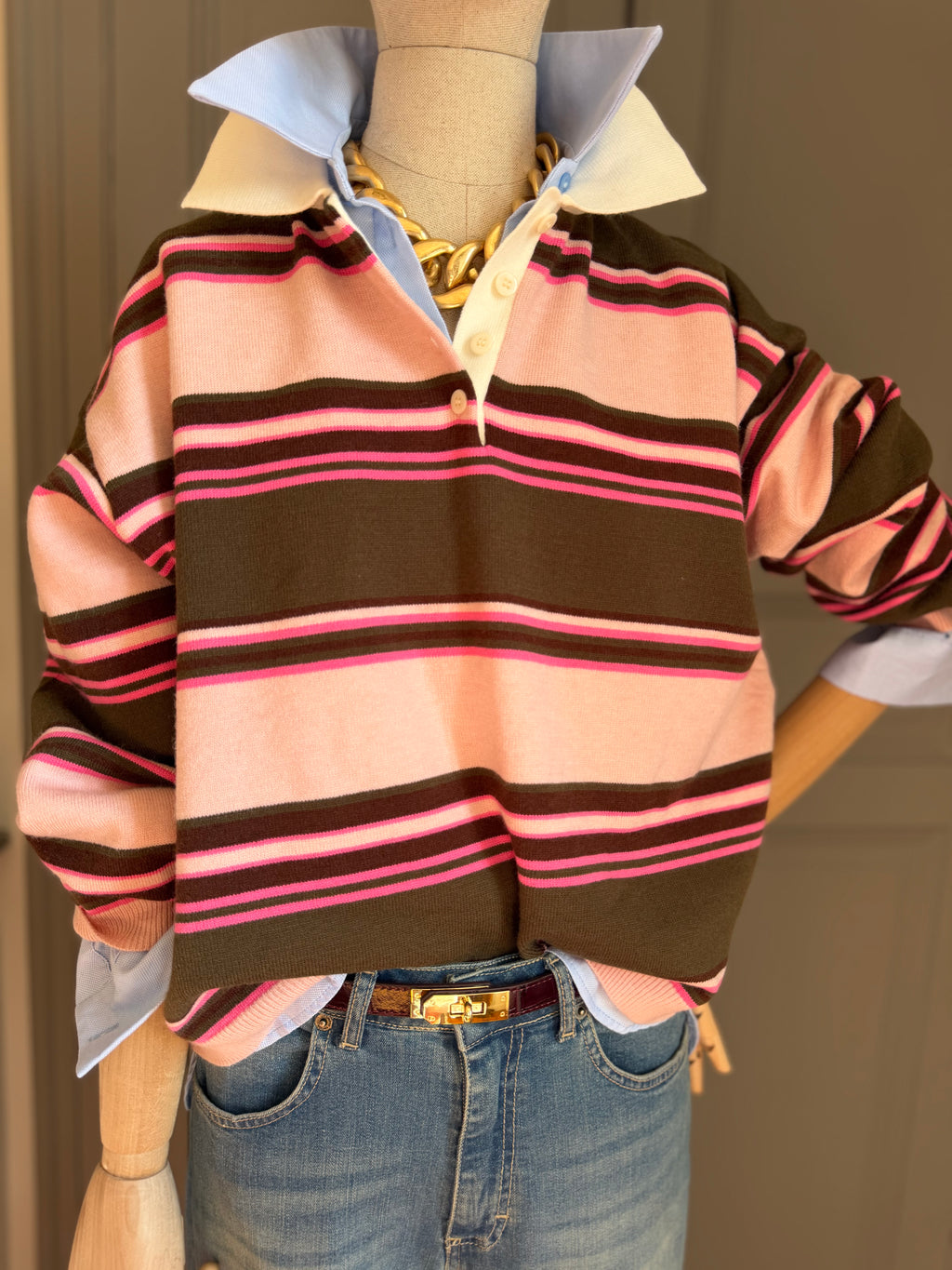 Pink striped knit polo shirt