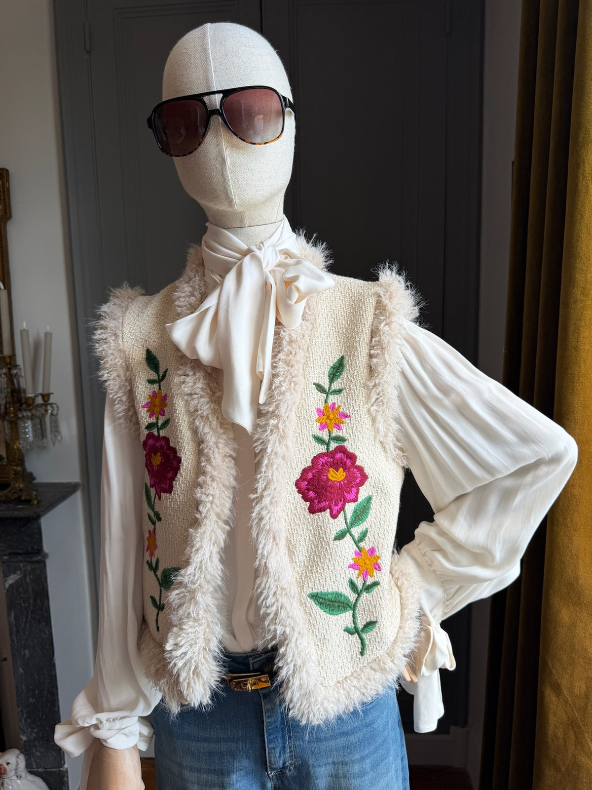 Embroidered and fur gilet