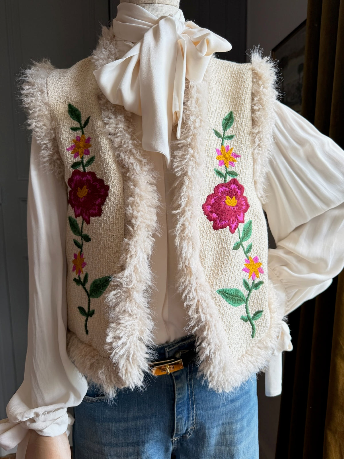Embroidered and fur gilet