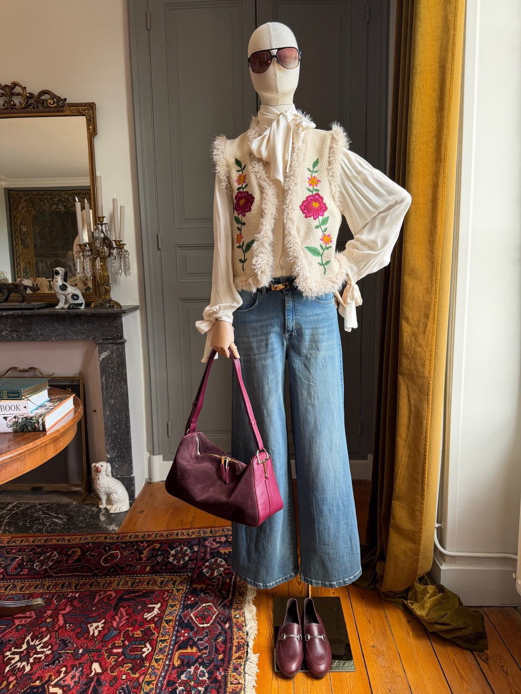 Embroidered and fur gilet