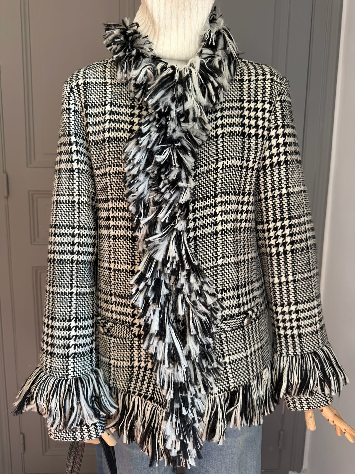 Fringed check coat