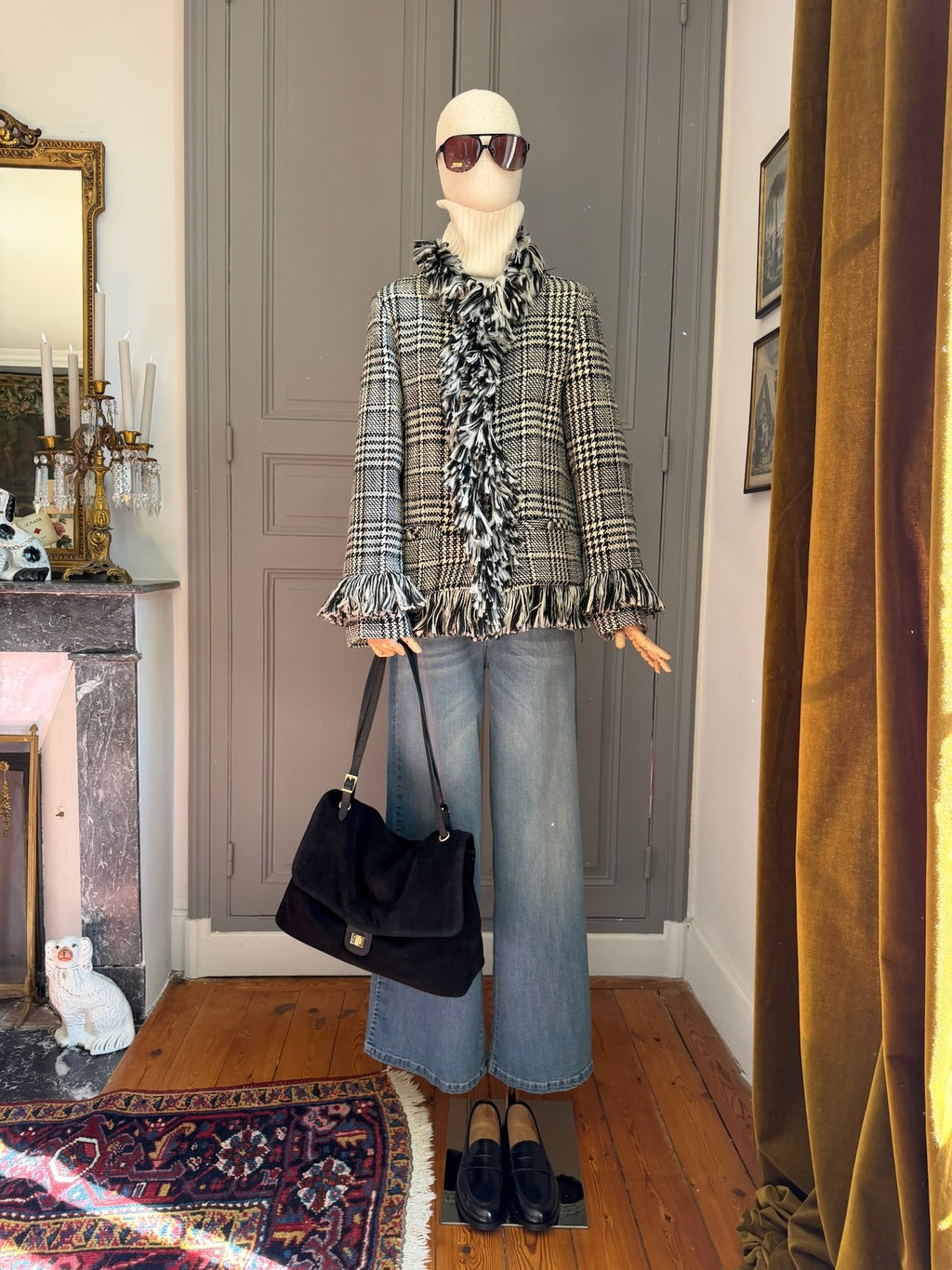 Fringed check coat