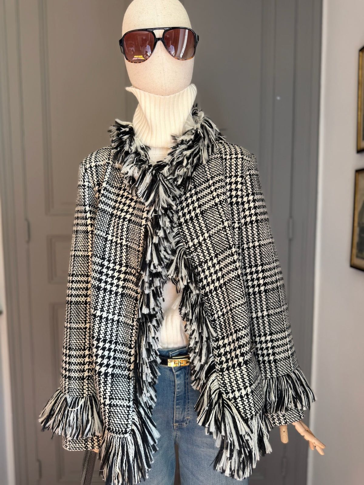 Fringed check coat