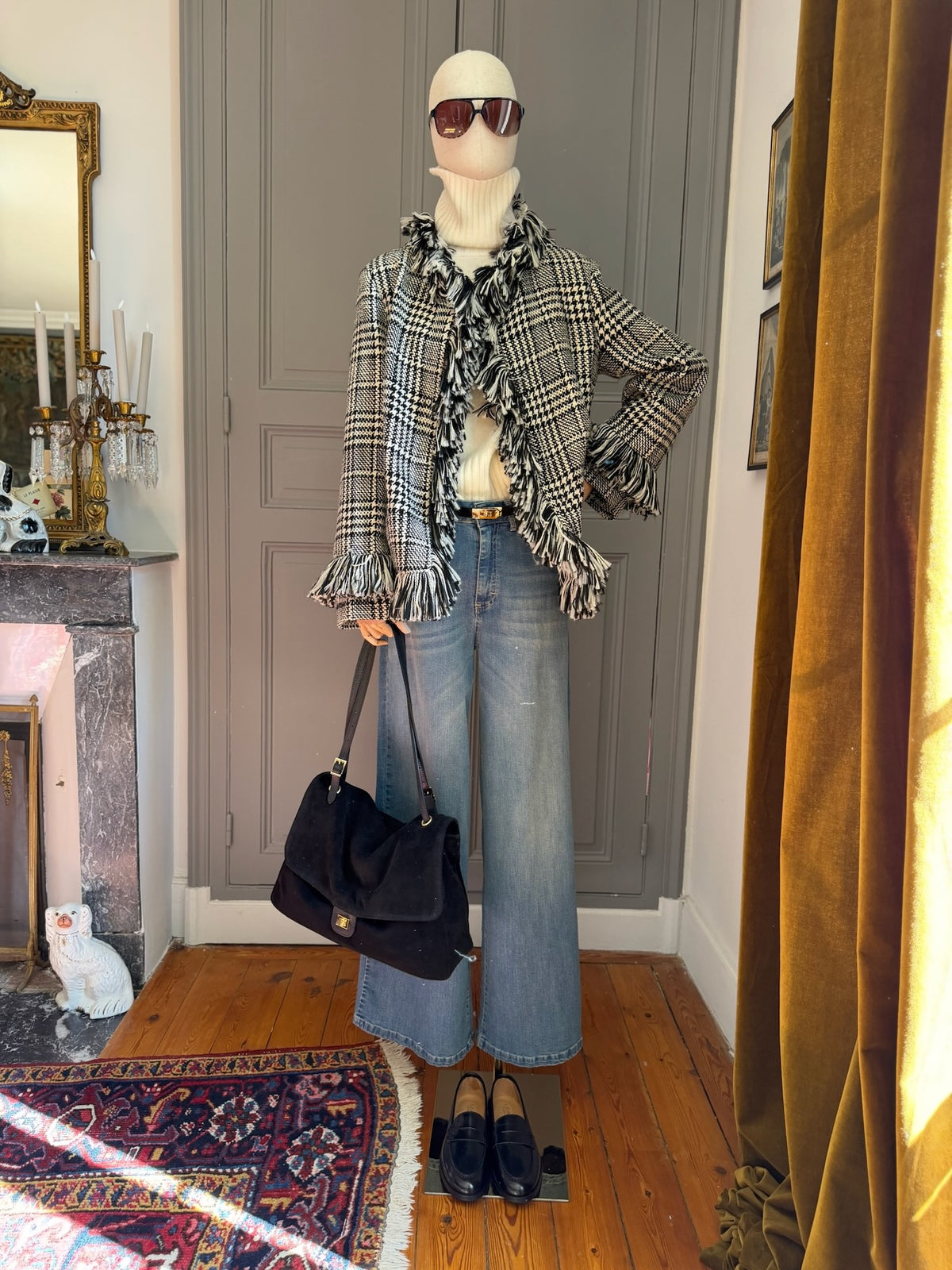 Fringed check coat
