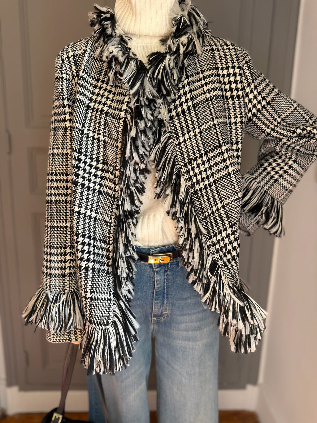 Fringed check coat