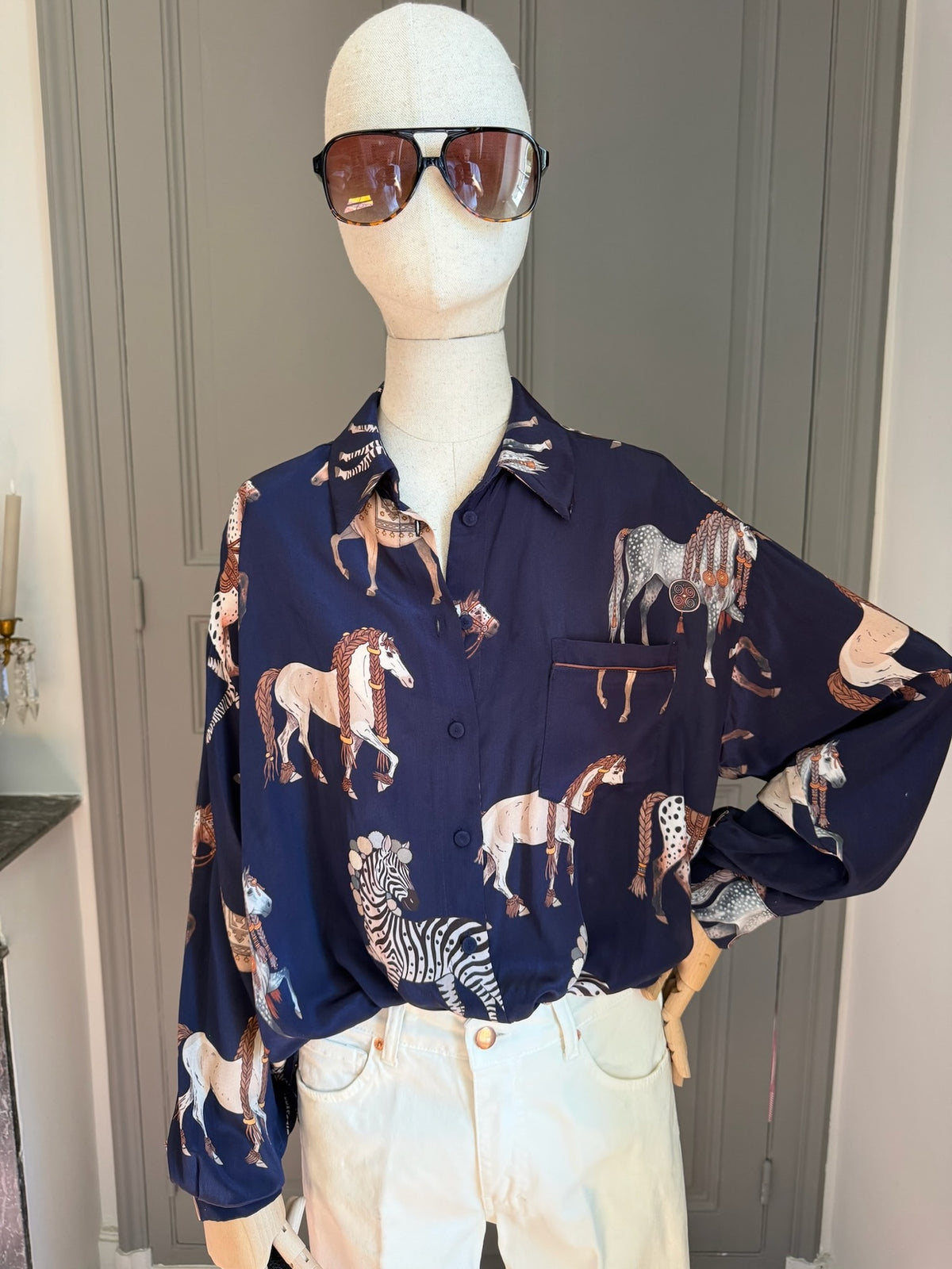 Camicia blu stampa cavalli