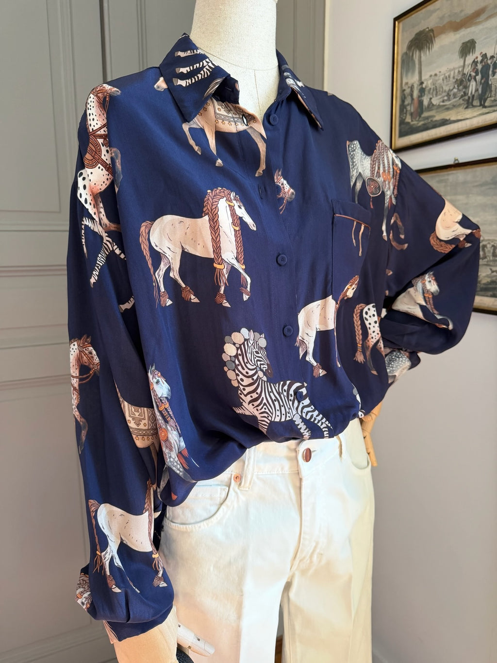 Camicia blu stampa cavalli