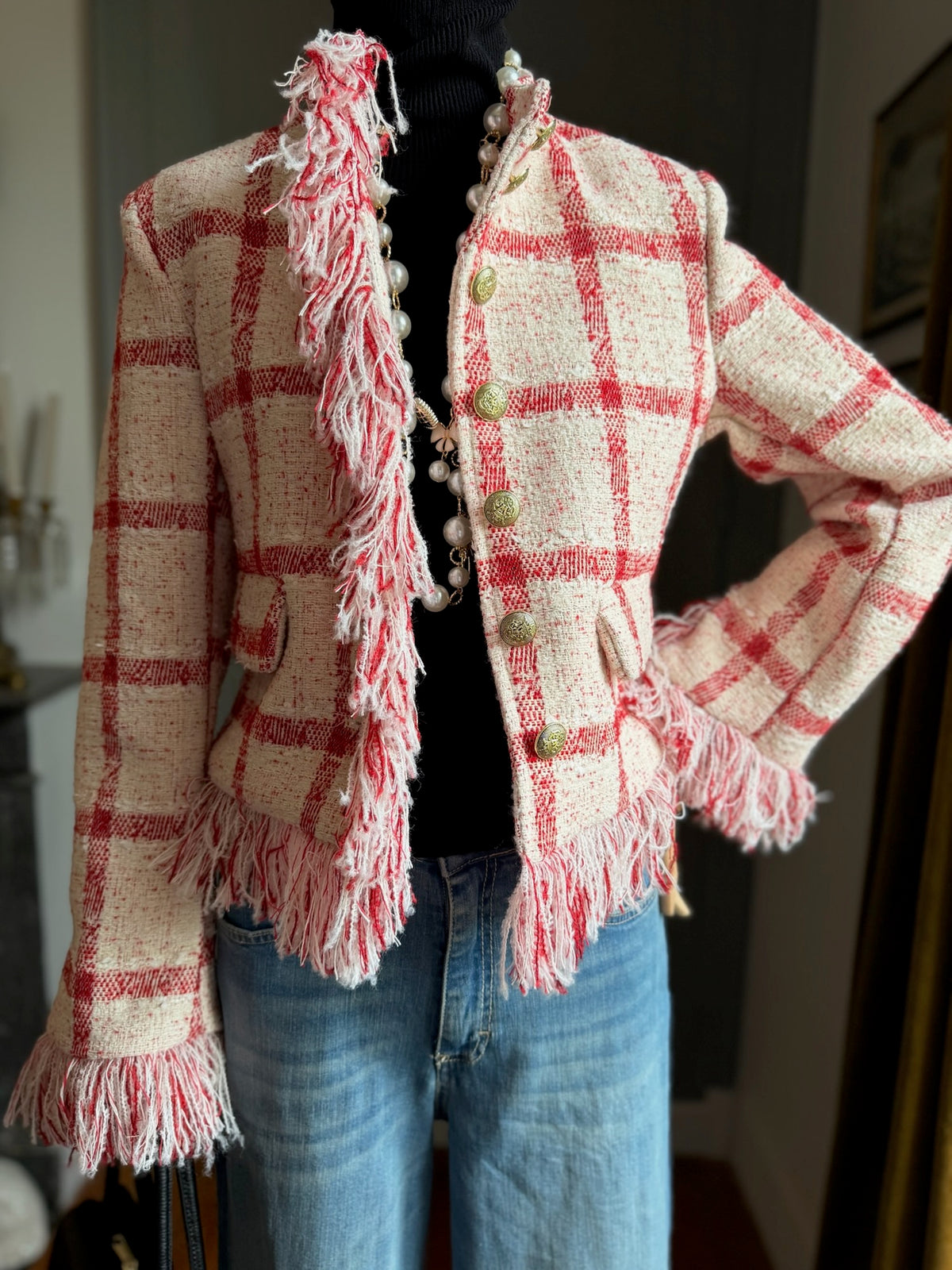 Giacca bouclé check rosso